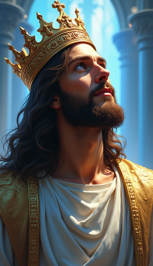 Jesus with a king's crown on his head, JesusChrist, the lord and savior, portrait of JesusChrist, Jesus of Nazareth, brilliant light masterpiece, jesus, greg olsen, king of kings, beautiful image already created, image background a kingdom of beautiful, blue and silver colors, sua mente contemplando a eternidade, glorious light,!! with a serene look and a slight smile!