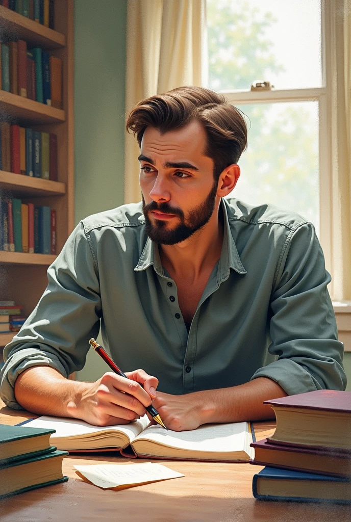Drawing of a young man writing, watercolor, He is writing a book, There are several books around him, He has a beard and receding hairline, well-defined strokes, a little bald
