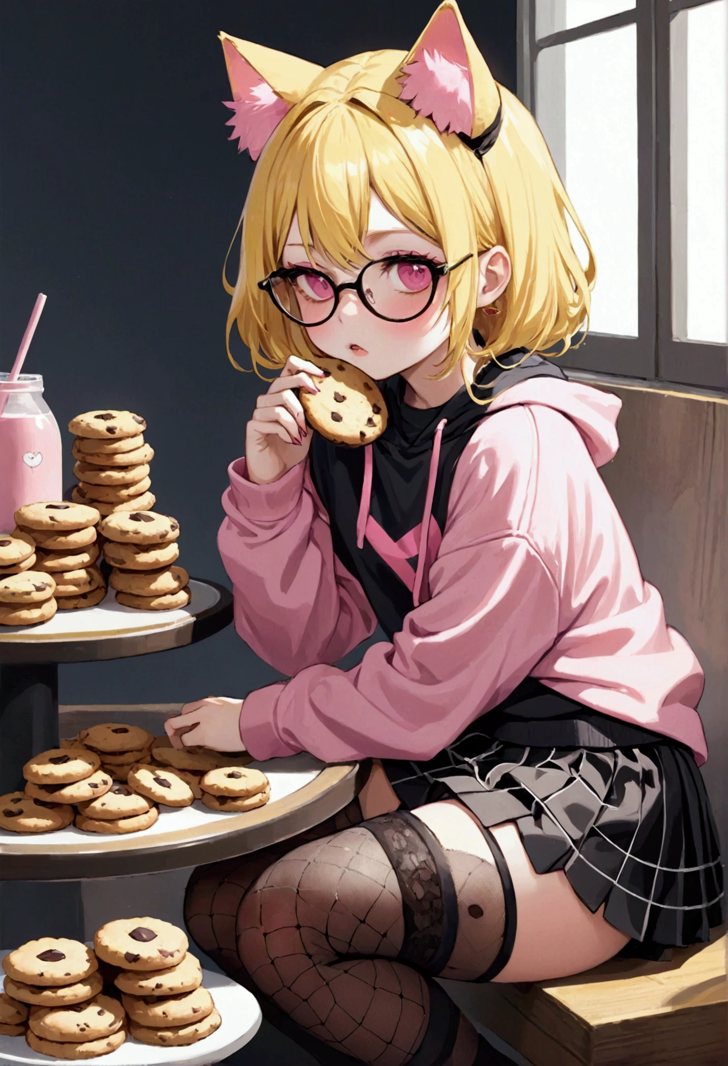 that she has a shy face that she has yellow hair, cat ears, black glasses, pink eyes, a super blushed pink sweatshirt, a low skirt, black shorts, white fishnet stockings that she is a super reserved girl sitting eating cookies