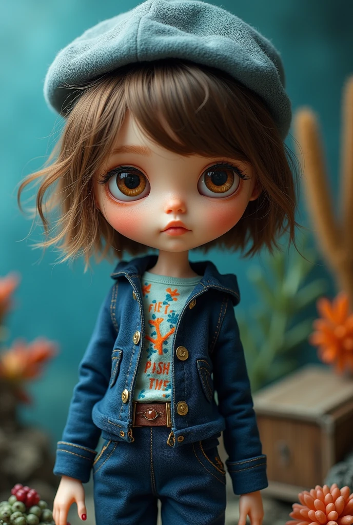 Create a Blythe doll with brown eyes, badly cut hair but shoulder-length, with navy blue clothes and a taste for marine biology