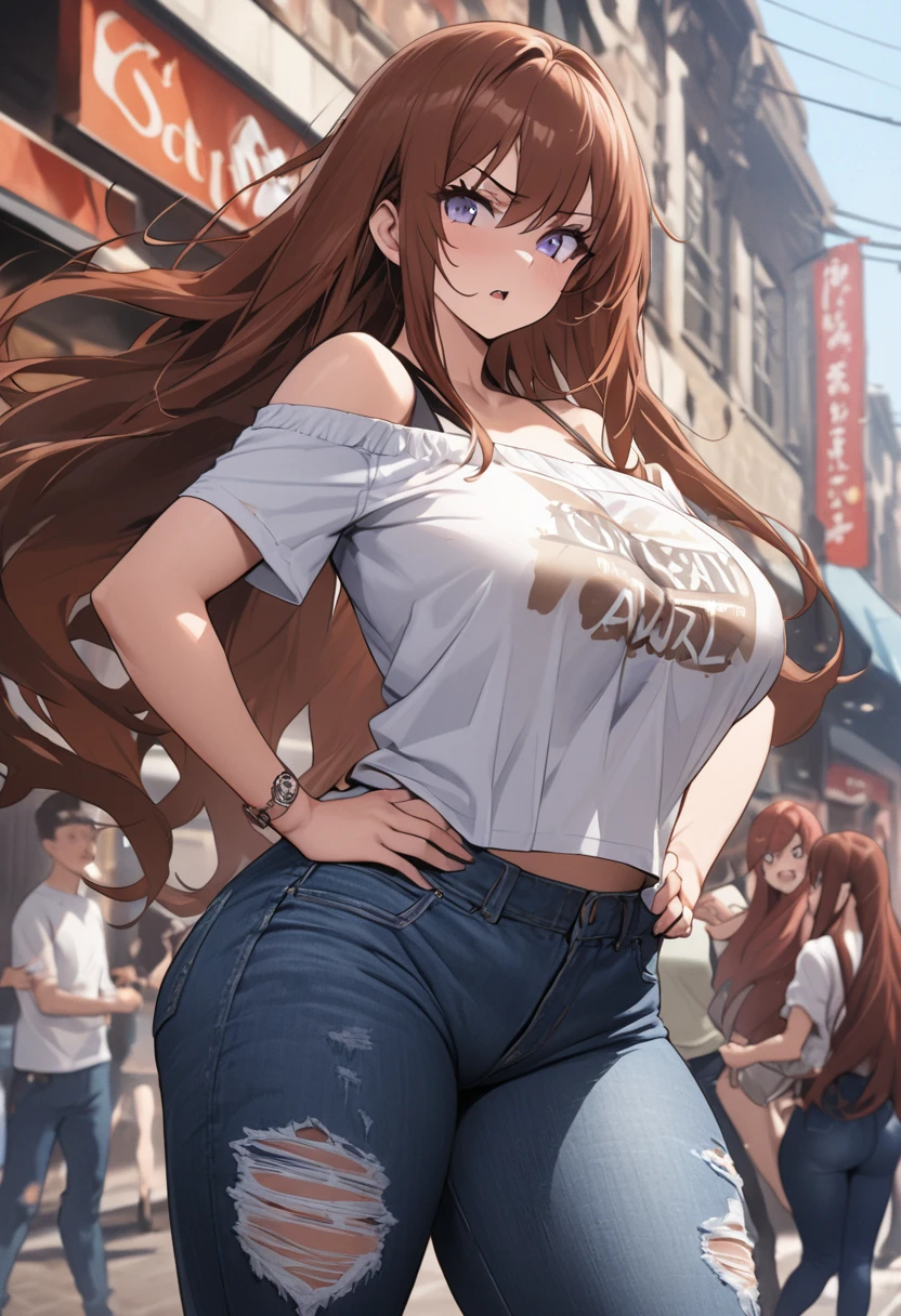 Ultra-high definition image quality、beautiful girl、Yankee girl、Reddish brown hair、Messy long hair、Gal、bustling street、Off-the-shoulder T-shirt、Distressed denim、Tight low rise denim、Highest quality, Big Ass、Thighs、Big Boobs、High cut boots、Glare、Place hands on hips、intimidating face