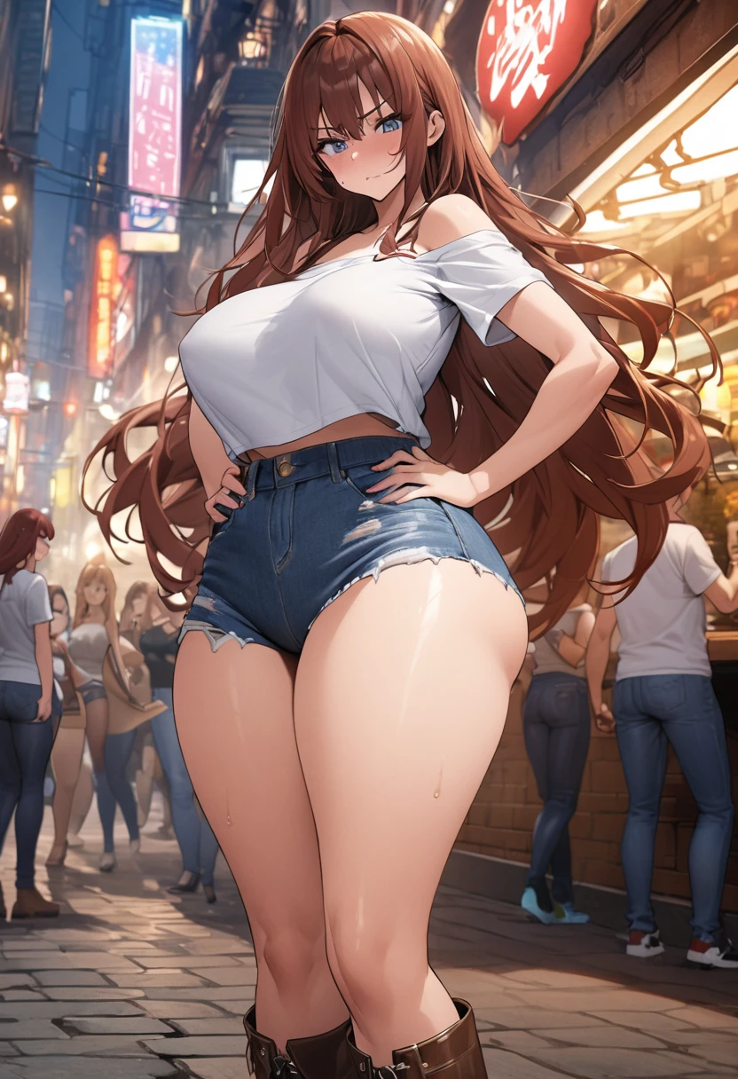 Ultra-high definition image quality、beautiful girl、Yankee girl、Reddish brown hair、Messy long hair、Gal、bustling street、Off-the-shoulder T-shirt、Distressed denim、Tight low rise denim、Highest quality, Big Ass、Thighs、Big Boobs、High cut boots、Glare、Place hands on hips、intimidating face