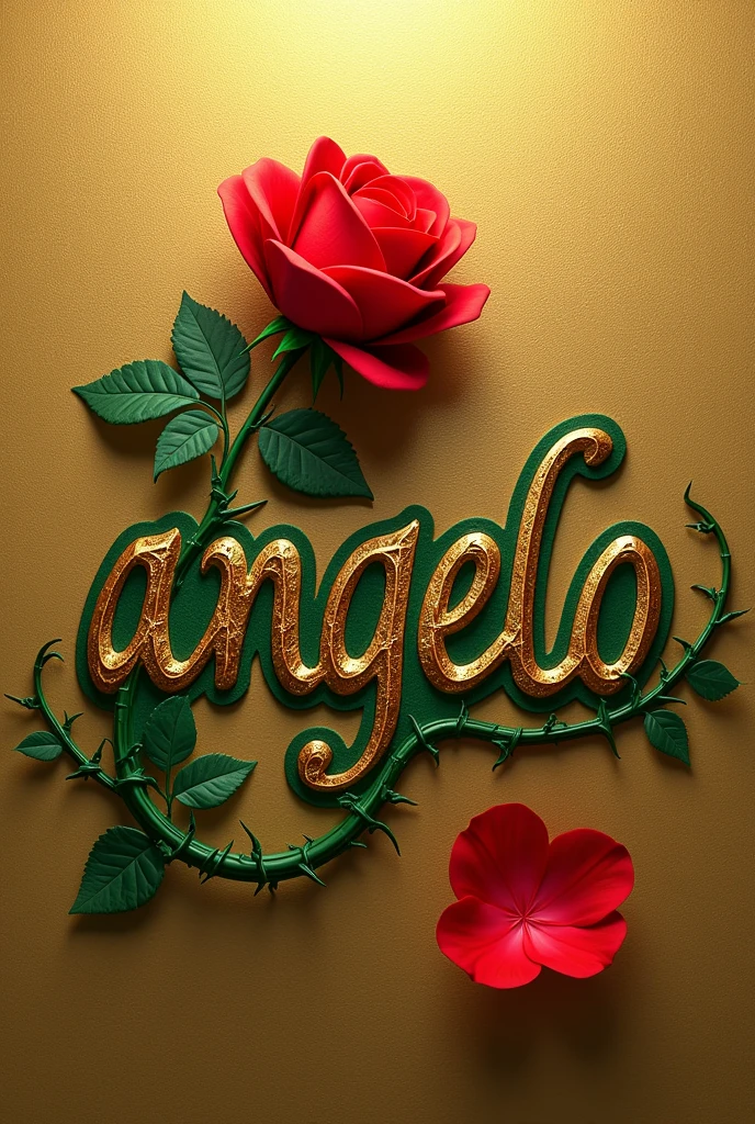 Creates an image that shows the name "Angelo" written in an elegant gold font with a green outline. The name has to be on a textured gold background. A green branch with thorns extends from the bottom of the "Â" in the name and curves above it, with a red rose in bloom at the tip. A red petal separate from the rose is also in the lower right corner of the name.