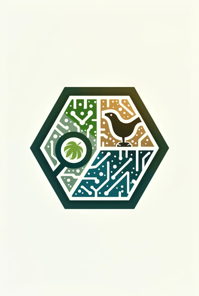 Hexagon logo divided into 3 sections with a magnifying glass, a leaf, a bird and contain lines or technological neural networks that combine green colors, blue and brown