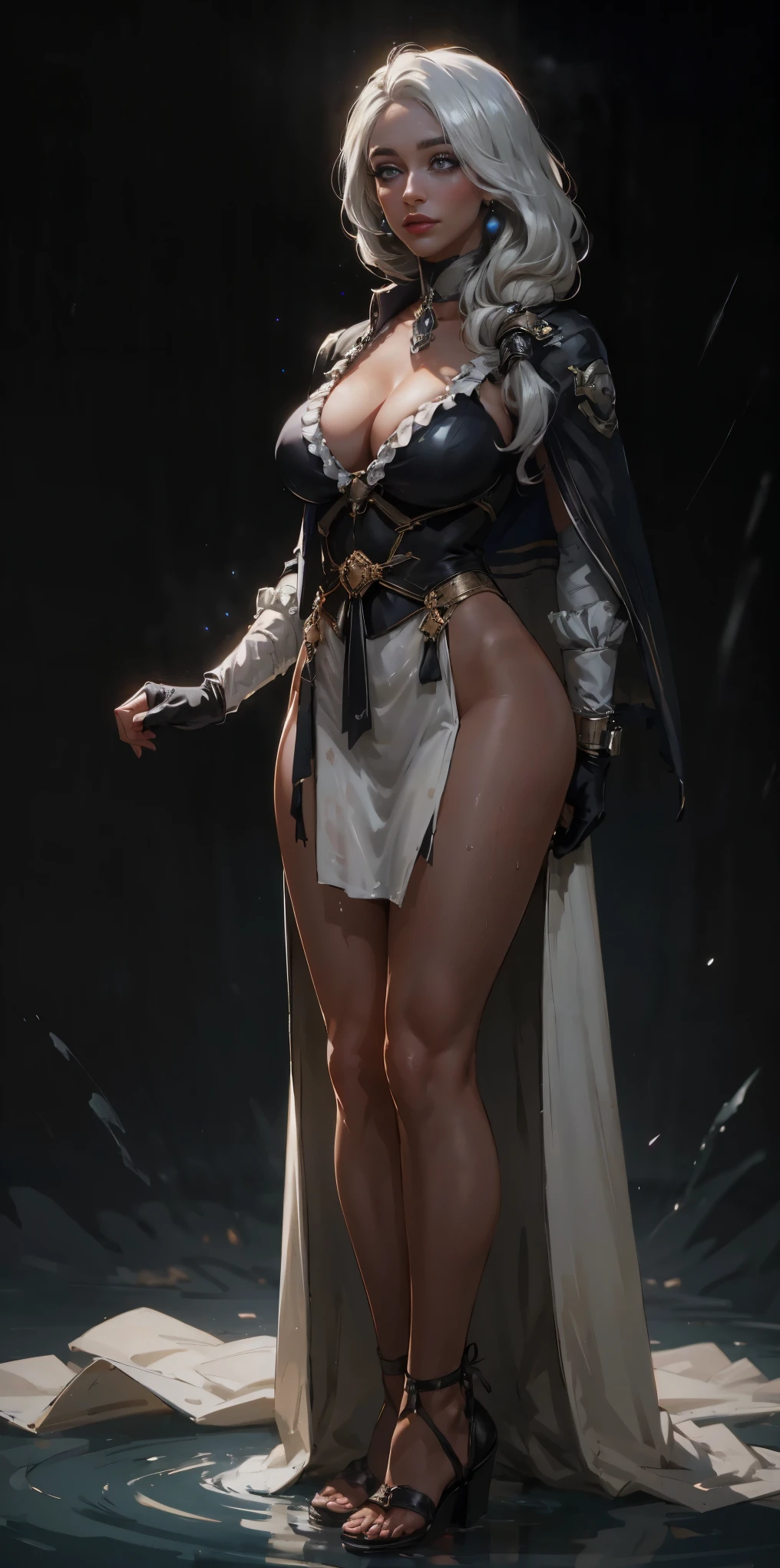 ((BLACK BACKGROUND,1:2, masterpiece)), full body MILF BIMBO standing with two long thighs and two metal sandals, red eyes, silver white hair, short bob style hair, big breasts, cleavage, snsfw, (masterpiece: 1.3), best quality: 1.4, 8k detailed unity wallpaper, high resolution, absurdities: 1.2, depth of field: 1.3, perfect lighting, cinematic shadows, highly detailed background, (super perfect head anatomy face fingers limbs arms hands legs), (super beautiful and detailed body of a wet woman, gigantic, long and sagging breasts, shiny hair, face, nose, shiny fingers, elongated eyes, skin proportion), slender: 1.5, narrow waist: 1.3, ownwaifu, long hair, white hair, big hair, curly hair, dark skin, dark skin woman, red lips, white eyes, very dark skin, lipstick, floating hair, very long hair, makeup, eyelashes, toned, jewelry, earrings, cape, bracelet, jumpsuit, gloves, superhero, choker, cool look, flying in the sky, high-tech city background, call a storm, tornado, thunder, raining, cinematic, beautiful figure, cowboy shot