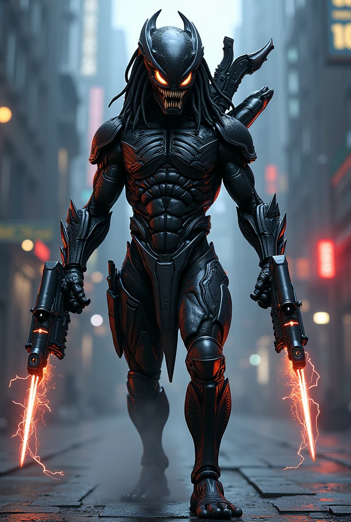 Please draw a fusion of Venom and Predator。Put futuristic weapons in both hands。Make it higher quality