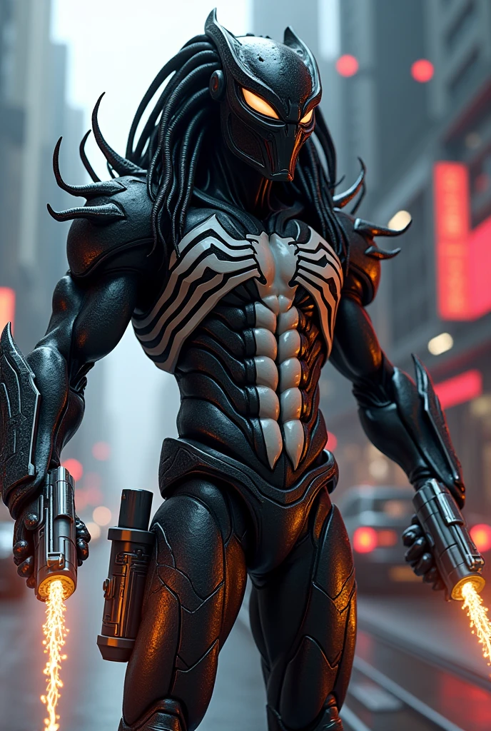 Please draw a fusion of Venom and Predator。Put futuristic weapons in both hands。Make it higher quality