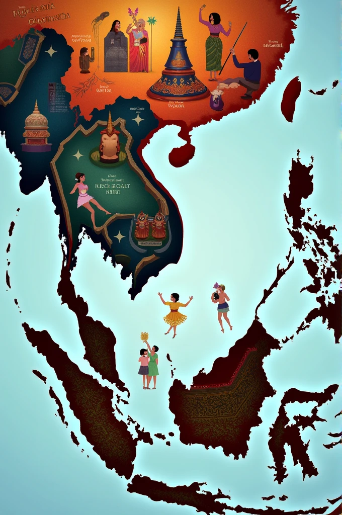 A vibrant, stylized map of Southeast Asia with the Philippines prominently featured. The map should be filled with overlapping images representing various art forms. A dancer in a traditional Filipino costume, inspired by Balinese dance movements. A musician playing a traditional Philippine instrument alongside a gamelan orchestra. A scene from a traditional Philippine play, showcasing influences from Thai or Indonesian theater. A blend of traditional Filipino architecture with elements inspired by Thai or Cambodian temples. A traditional Filipino sculpture alongside a sculpture from a Southeast Asian country, highlighting shared stylistic elements. A colorful textile pattern inspired by both Filipino and Southeast Asian weaving traditions.
