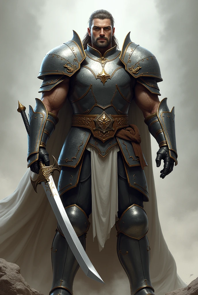 image of a paladin warrior, from the front holding a sword and with only traces