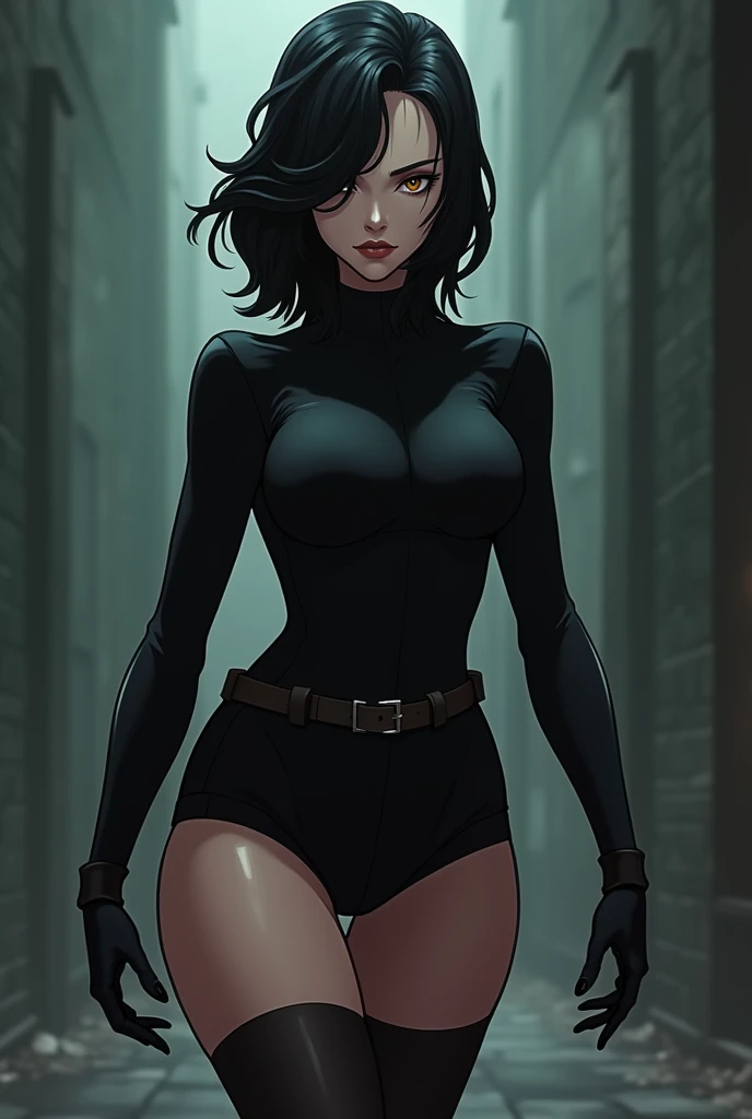 An animated female character with shoulder-length wavy dark hair, black, with an asymmetrical hairstyle that partially covers one side of her face. Very pale skin. His eyes are a deep brown color. She is wearing a black outfit that includes a long, tight-fitting bodysuit., with long sleeves and shorts. The bodysuit has a belt tied at the waist., that fastens in the front.  Wear gloves and barefoot, ambas black. Black nails. The posture and facial expression suggest that she is ready for a battle or quick action.. is high, she is an evil villainess, bloated belly, huge belly, biggest belly, sexy, sexy feet, grotesque bare bloated belly, 