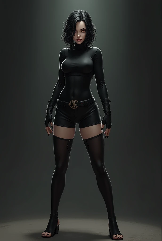 An animated female character with shoulder-length wavy dark hair, black, with an asymmetrical hairstyle that partially covers one side of her face. Very pale skin. His eyes are a deep brown color. She is wearing a black outfit that includes a long, tight-fitting bodysuit., with long sleeves and shorts. The bodysuit has a belt tied at the waist., that fastens in the front. Wear gloves and barefoot, ambas black. Black nails. The posture and facial expression suggest that she is ready for a battle or quick action.. is high, she is an evil villainess, bloated belly, huge belly, biggest belly, sexy, sexy feet, grotesque bare bloated belly,