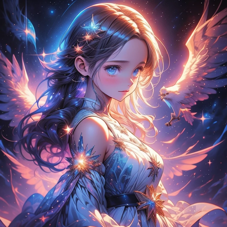 a picture taken from a digital painting of a girl in a dress, beautiful anime artwork, wearing a dress made of stars, star on dress, beautiful anime art, makoto shinkai cyril rolando, magical dress, anime fantasy illustration, anime fantasy artwork, ethereal anime, anime girl with cosmic hair, dreamlike art, cosmic skies. by makoto shinkai, anime art wallpaper 4 k