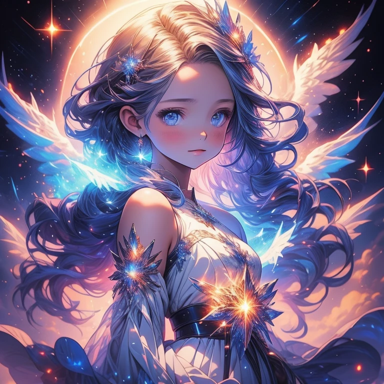 a picture taken from a digital painting of a girl in a dress, beautiful anime artwork, wearing a dress made of stars, star on dress, beautiful anime art, makoto shinkai cyril rolando, magical dress, anime fantasy illustration, anime fantasy artwork, ethereal anime, anime girl with cosmic hair, dreamlike art, cosmic skies. by makoto shinkai, anime art wallpaper 4 k