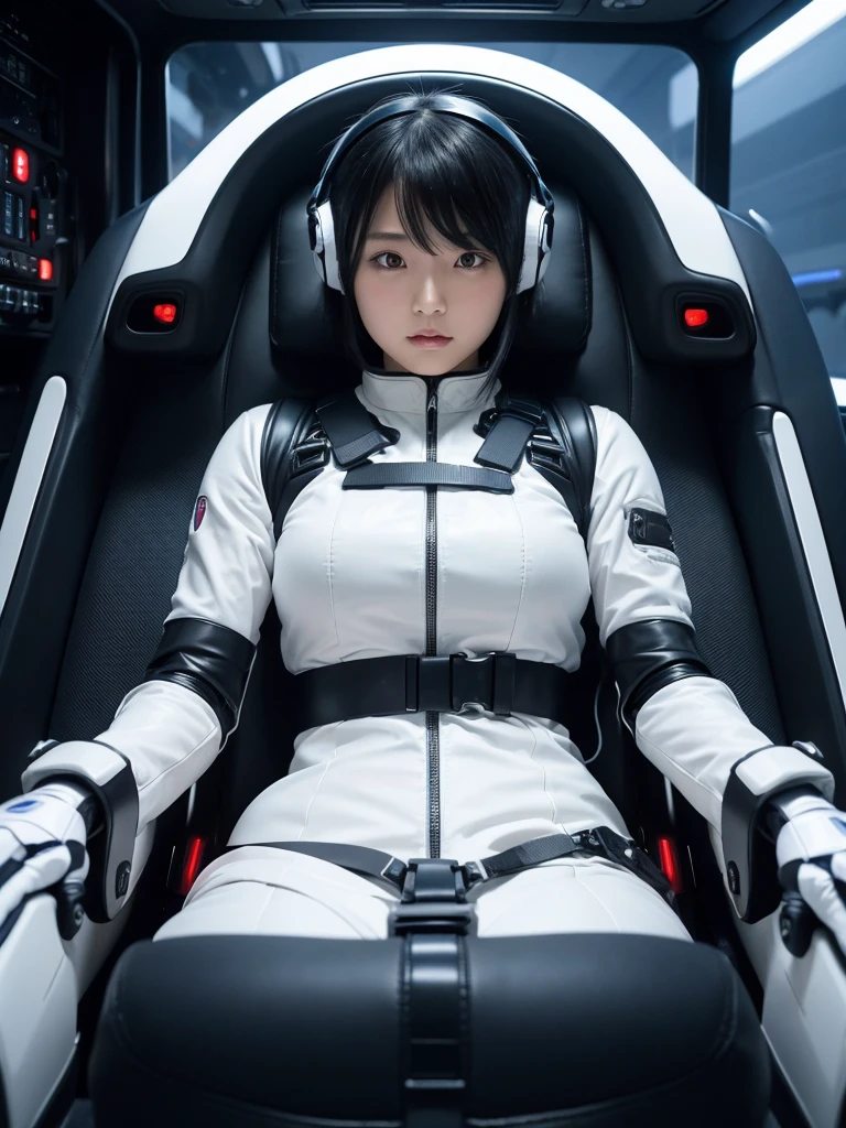 Japanese female android,Black Hair,The spaceship's cockpit,The person is completely secured in the seat with the backrest reclined by a thick harness belt.,Chubby,Spread your legs,Squat,Shiny white robot suit,Robotic arms and legs,Surrounded by switches and monitors,