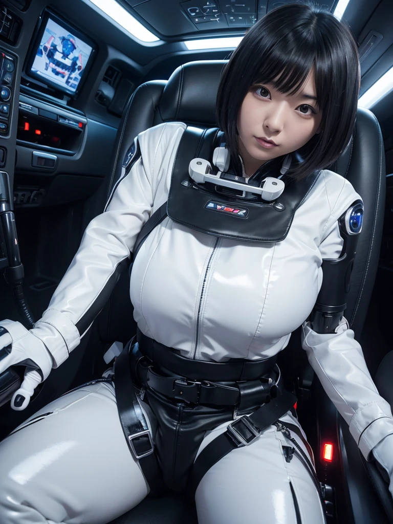 Japanese female android,Black Hair,The spaceship's cockpit,The person is completely secured in the seat with the backrest reclined by a thick harness belt.,Chubby,Spread your legs,Squat,Shiny white robot suit,Robotic arms and legs,Surrounded by switches and monitors,