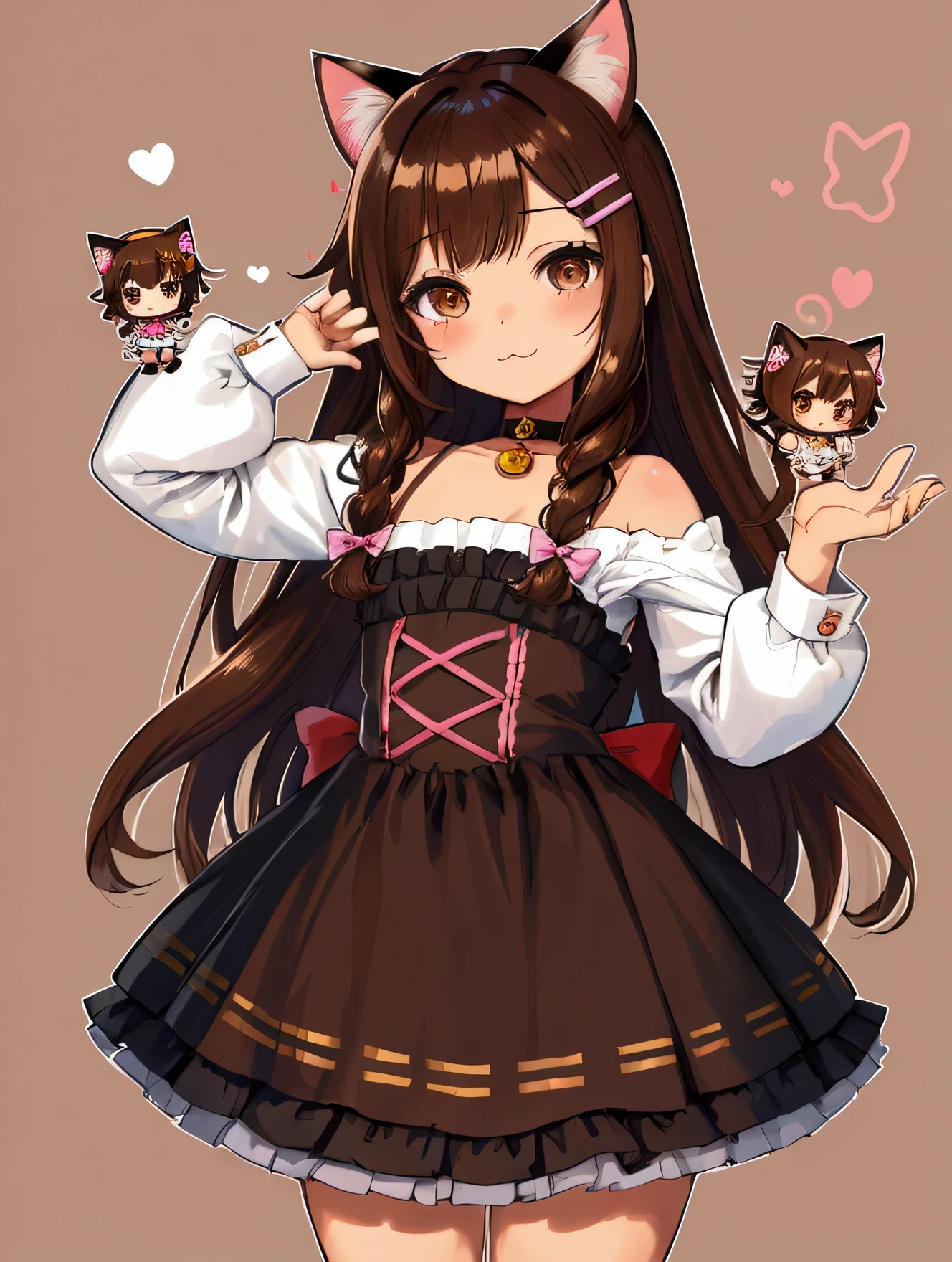 All intricate details, anatomia perfecta, cartoon style girl, 1 girl view, pretty, alone, hapy pose, skirt, brown hair, uwu, Hair ornament: ((cute chibi yarn cat))), chibi, virtual vtuber, brown hair, hair orn, cat smile, :3ament,HayaseNagatoro,nagatoro hayase, hair ornament, brown eyes, hairclip, tanned skin, black hair, random angle
