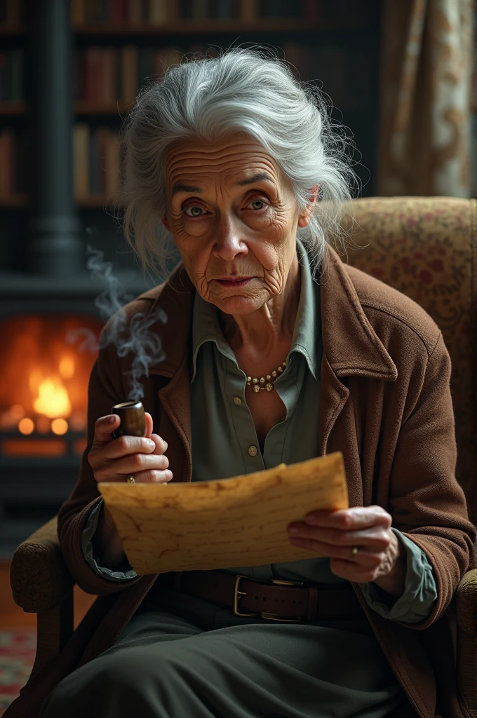 Old lady reading letters and smoking tobacco