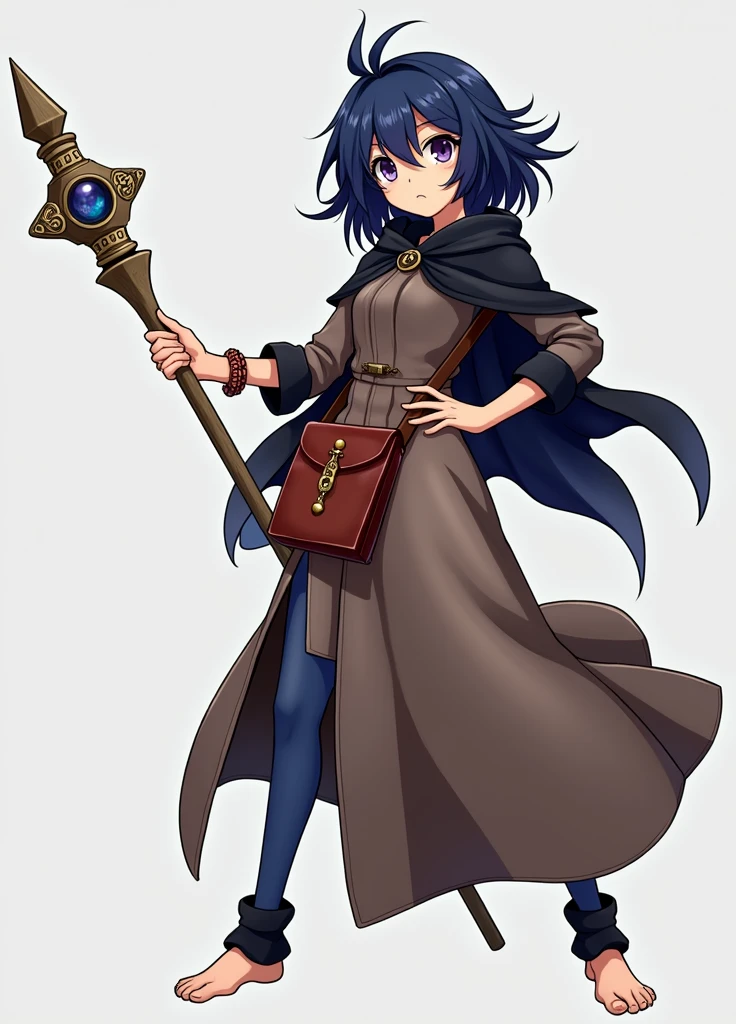 high resolution, 独奏, Jewel on the forehead, アニメ, anime styling, A low-class girl 1,56 tall, slenderbody, skin fair, her short hair with spikes at the ends, highlighting its unusual hue: a deep blue, remnant of the night sea. Your round eyes, of an intense violet like amethysts, were framed by thin, dark eyelashes, harmonizing with your eyebrows the same color as your hair.
She wore an elegant light brown dress, with long sleeves and slightly flared at the cuffs, leaving the side of your thighs exposed and adding a touch of boldness to your look. She was barefoot, her legs wrapped in blue, almost black tights, Around the waist, the reddish leather bag was securely attached to the belt, housing the precious grimoire.
A discreet black cape wrapped around her slender shoulders., giving it elegance. Em seu pulso esquerdo, a detailed metal bracelet, adorned with three small spheres in red colors, yellow and black, added a touch of color to her appearance.
In your right hand, a wooden staff rested, with an almost transparent blue stone embedded on top. 独奏,