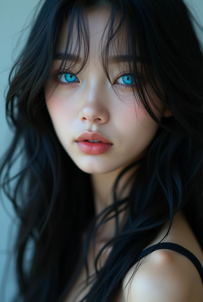 Korean blue eyes, with angelic face, long black hair, with rock style and perfect body, photo from realia