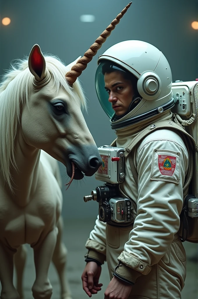 Take a photo of an astronaut wearing a zombie dog suit. This astronaut is comfortable with an animal that looks like a unicorn mixed with a shark