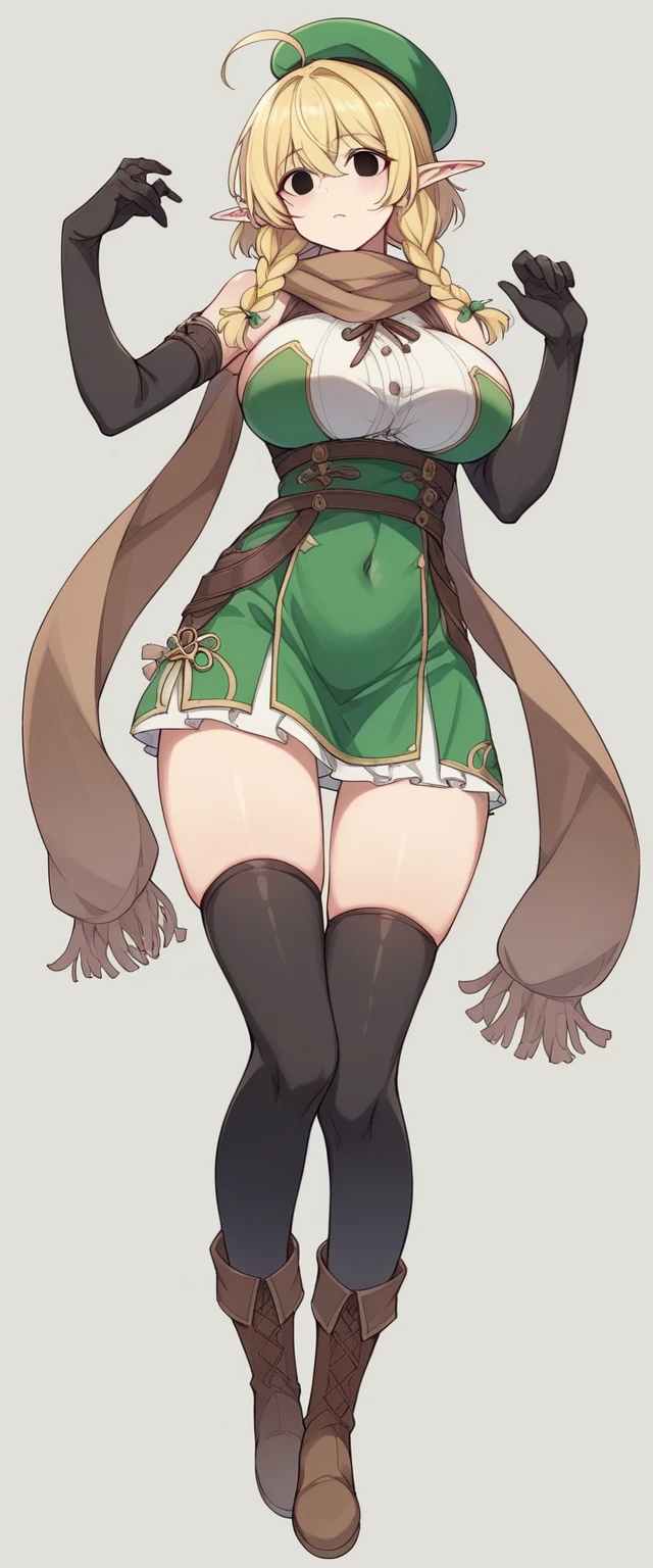 Elf、1 female、women only、short hair、twin braids、ahoge、blonde、(thin)、Big Breasts、Tall、empty eyes、black eye、Black elbow gloves、((black thigh highs))、Small black beret、Brown scarf、Green dress、Brown boots、((full body))、whole body、Are standing、thin太もも、shoulder、belly button、isekai、fantasy、front