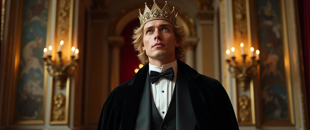 A short golden blonde man, with a golden crown on his head, greenish eyes, elegant black shoes, with a black king's suit and a black king's cape. He is very handsome with a marked jaw, half muscular. He looks up, in a Victorian palace. Maximum quality, FULL BODY IMAGE ABOVE