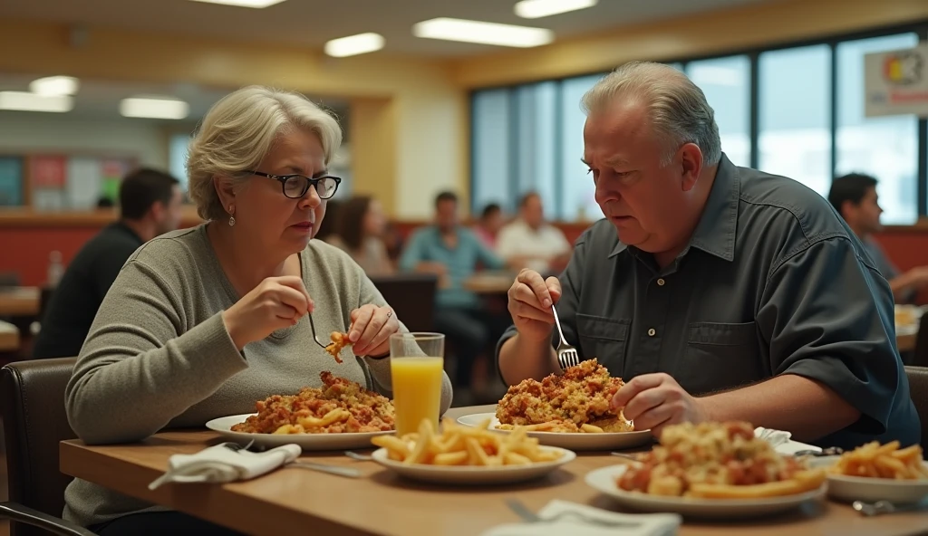 in a cafeteria, man, woman, obese, eating a lot, cinematic, realistic, 4k