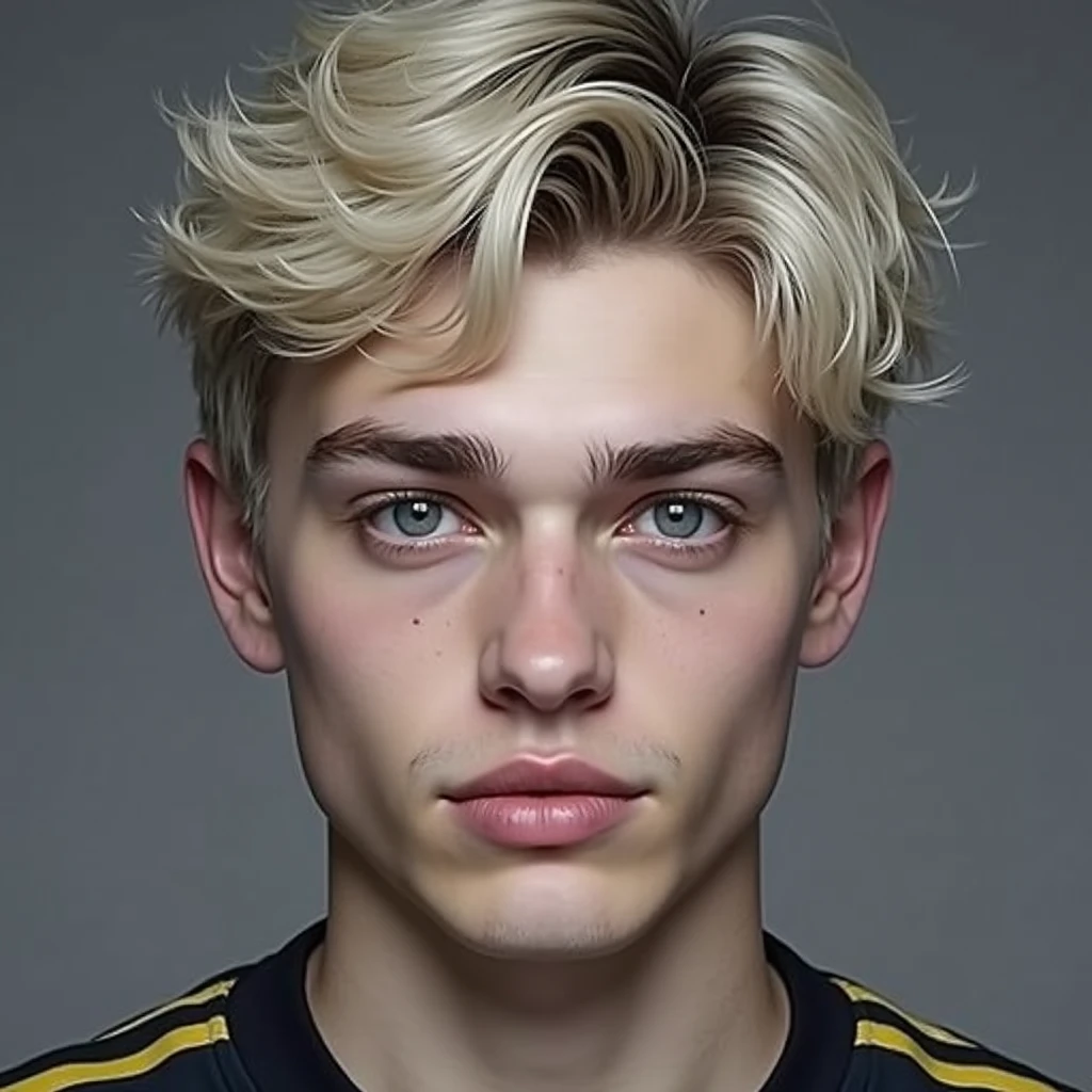 photograph head shot of an attractive 22 year-old male, Germanic-Icelandic features, short textured wavy platinum blond hair, side swept bangs, pale skin tone, raised eyebrow expression, 16k, extremely detailed skin