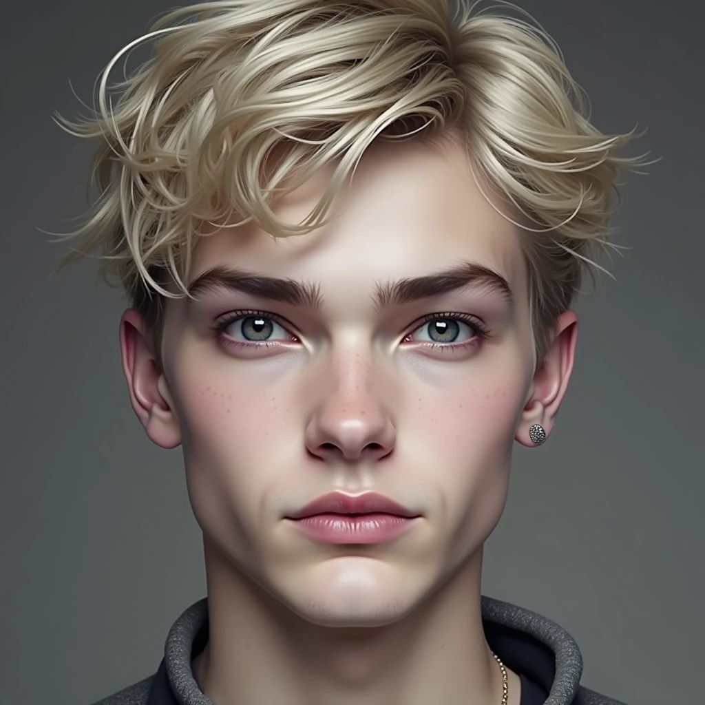 photograph head shot of an attractive 22 year-old male, Germanic-Icelandic features, short textured wavy platinum blond hair, side swept bangs, pale skin tone, raised eyebrow expression, 16k, extremely detailed skin