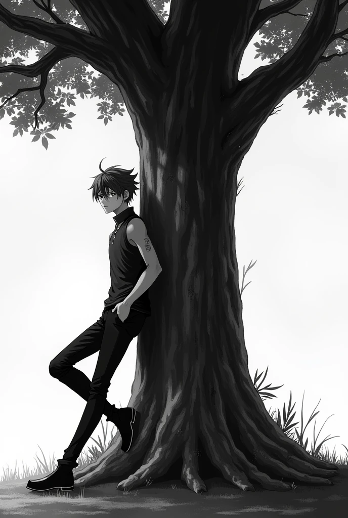 Create a black and white male anime character leaning against a tree 