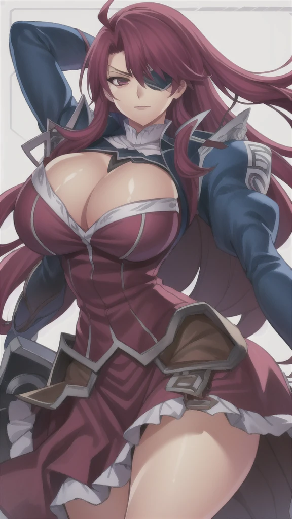 masterpiece,best quality,kim_kwang_hyun, 1girl, Lesley , extremely Long hair, crimson hair, eyepatch, chunky, solo, crimson colored hair, large huge breasts, looking at viewer, magenta eyes, deep crimson colored hair, big boson, large huge breasts, long sleeves, dress, cleavage, closed mouth, weapon (( hand edge)), puffy sleeves, arm up, clothing cutout, copyright name, red dress, cleavage cutout, juliet sleeves , power armor, shoulder armor, deep crimson colored hair, magenta eyes, eyepatch, angry eyes, evil Smile