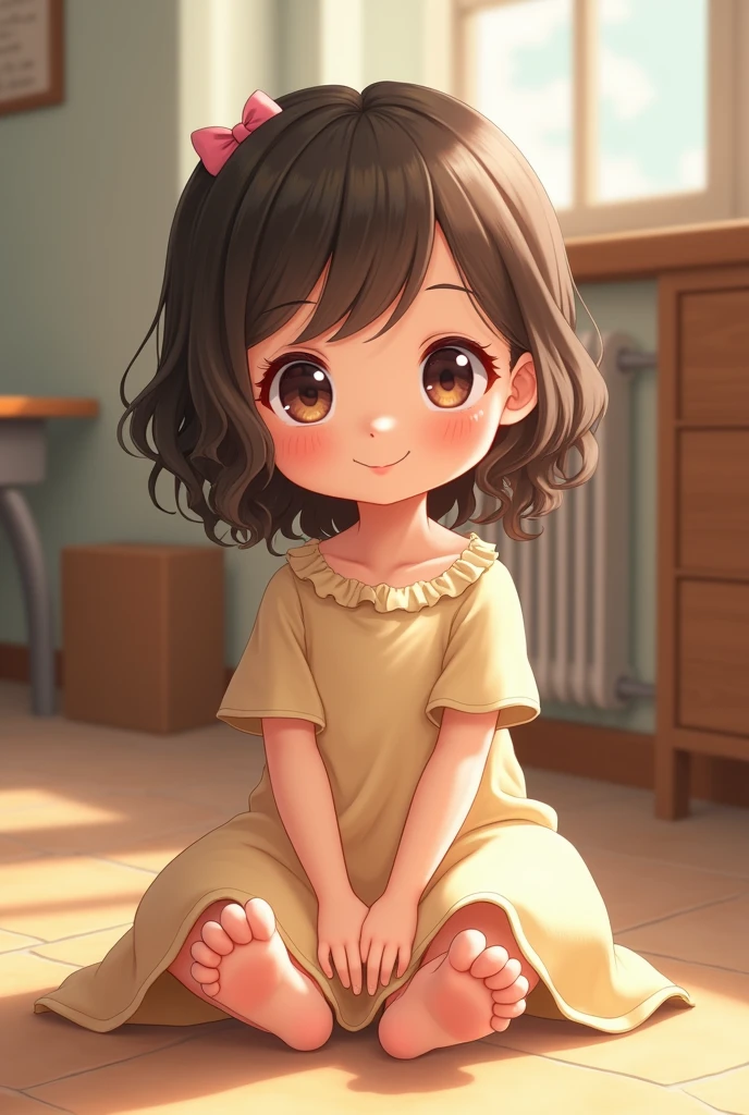 Cute and lovely elementary school first grade girl pretty face full body sitting full picture little child