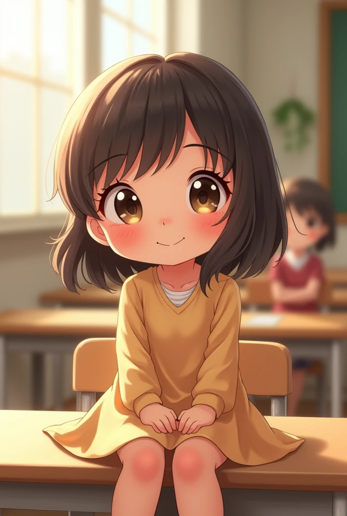 Cute and lovely elementary school first grade girl pretty face full body sitting full picture little