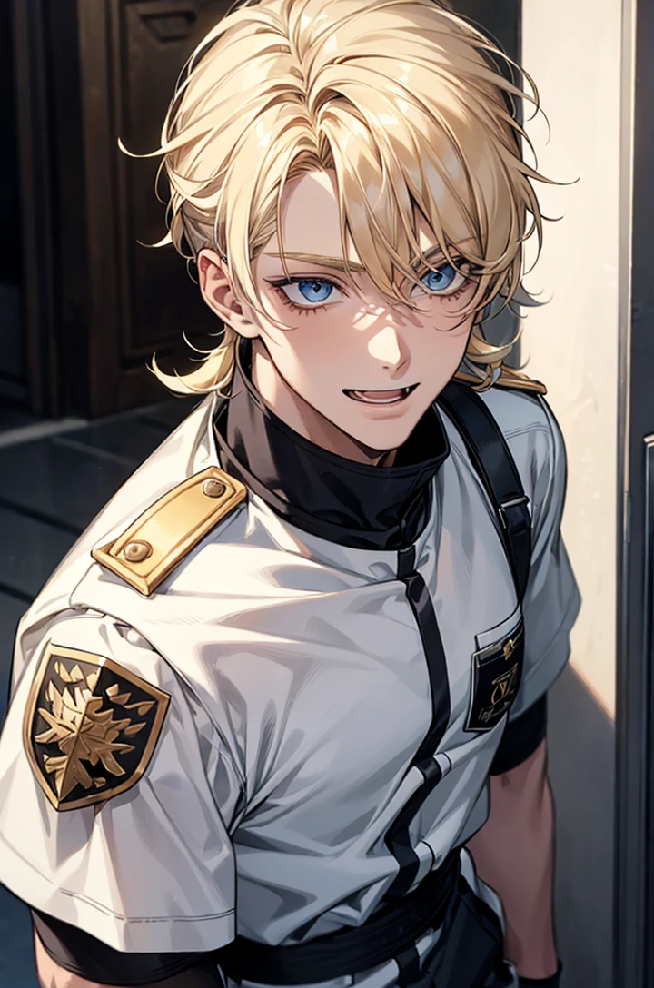 Male, Teen boy, tall, security guard costume, funny pose, wiking, blind hair, shoulder lenght ling blond hair, hazel eyes, white skin, soft features, cute, striking, confident, laughing, face portrait