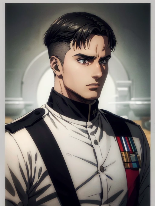 1 man, military hair black, gray eyes, White military uniform, quartel general, high resolution, Masterpiece artwork, super detaill, 