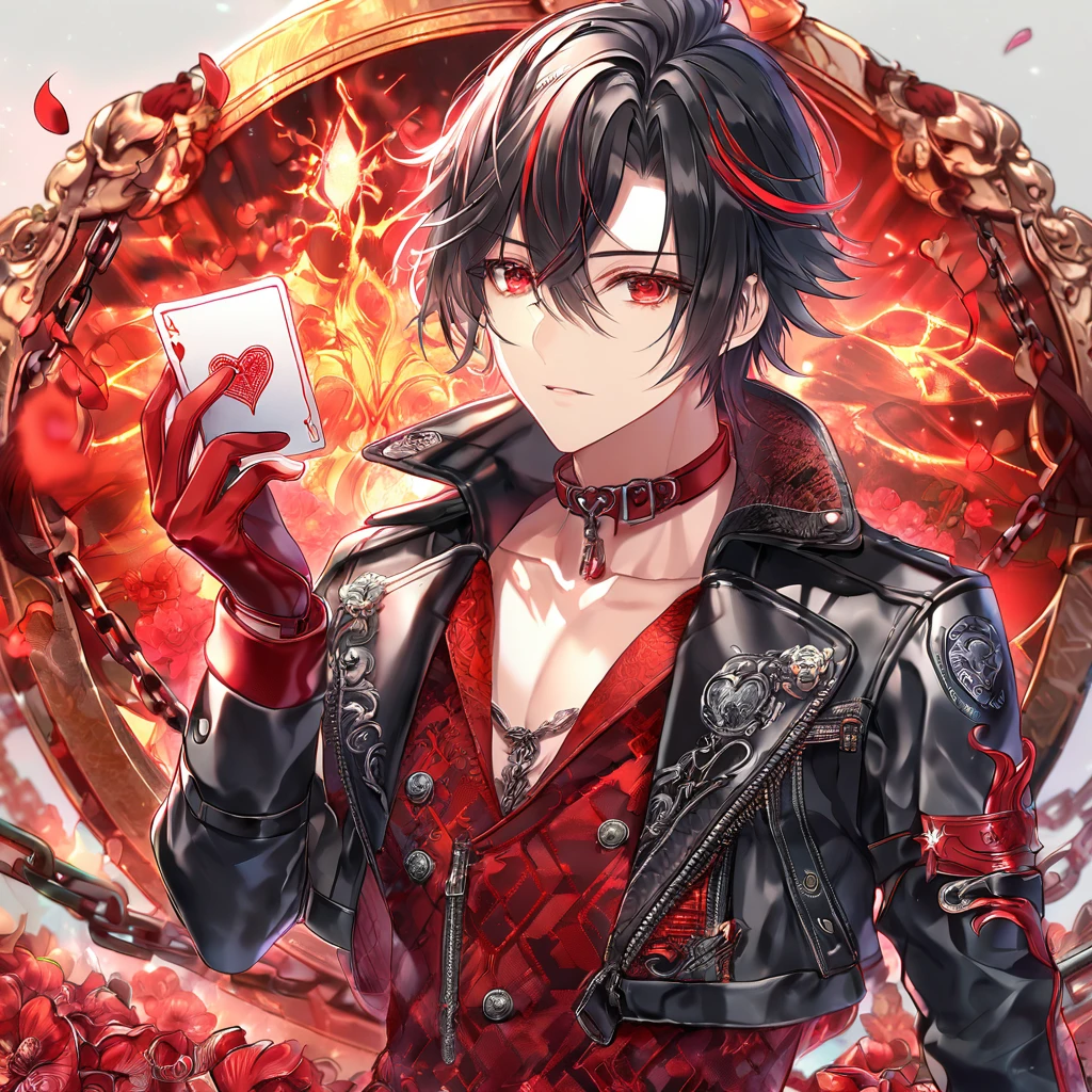 absurdres, highres, ultra detailed, HDR, master piece, Shin, messy black hair, red streaks, expressive red eyes, cropped black leather jacket, Amnesia Memories, sexy man, handsome, best quality, red blossoms, red petals, red flowers, fantasy, magical, red shining fireflies, solo, water, red shirt with black patterns, red gloves, red collar, heart of cards, chains,