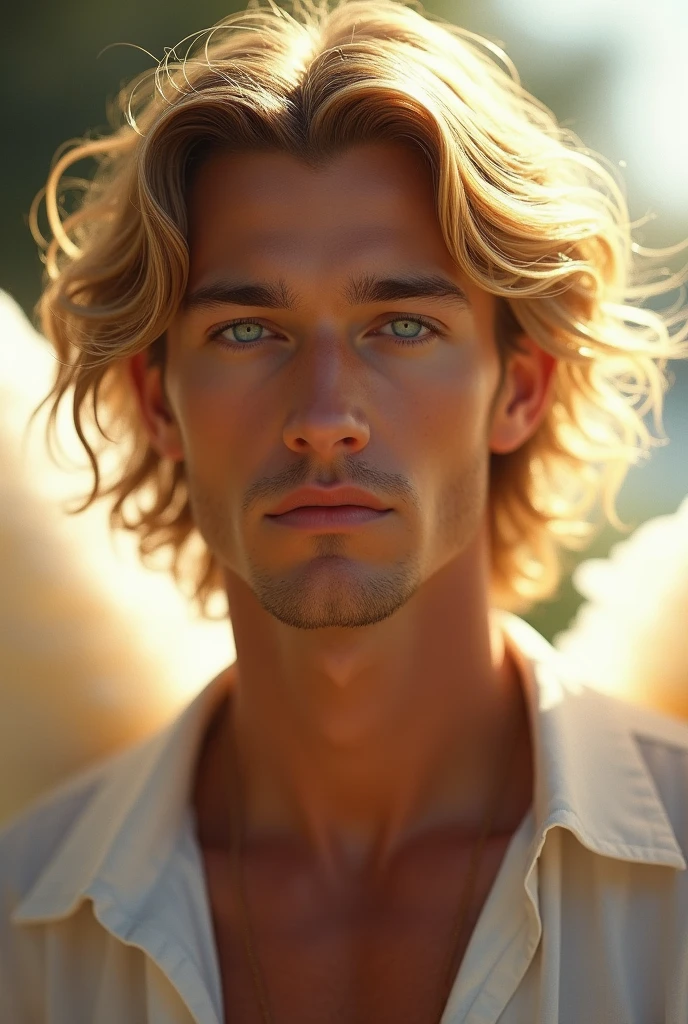 Man with blue eyes, tanned skin and golden hair and an angelic look, very attractive