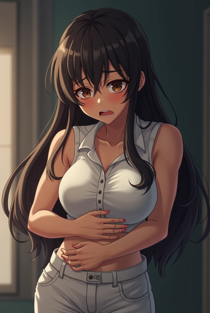 (masterpiece, top quality, best quality), brown skin anime girl with sleeveless buttoned shirt and trousers, famished in hunger, (gently resting hands on stomach), (sweating), (long hair), (hands on her stomach)Muscular