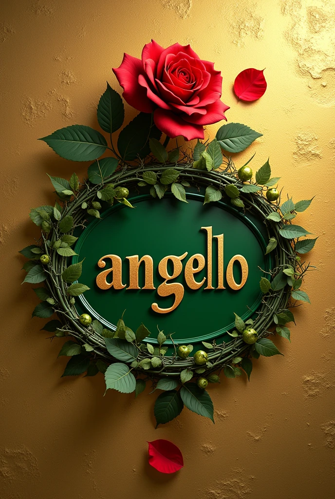 Creates an image that shows the name "Angelo" written in an elegant gold font with a green outline. The name has to be on a textured gold background. A green branch with thorns extends from the bottom of the "Â" in the name and curves above it, with a red rose in bloom at the tip. A red petal separate from the rose is also in the lower right corner of the name.