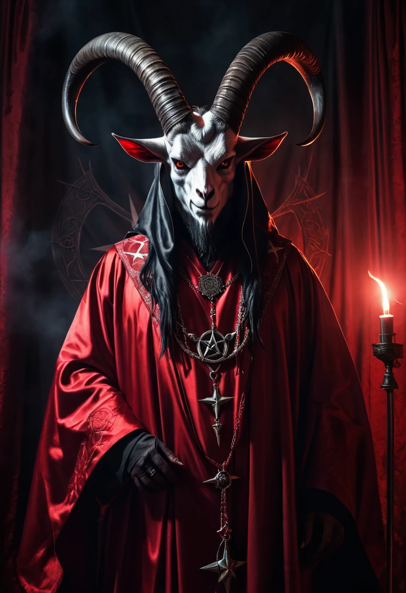 Photorealistic,  baphomet dressed in ceremonial robe, pentagram, blood, dramatic lighting, camera looking up
