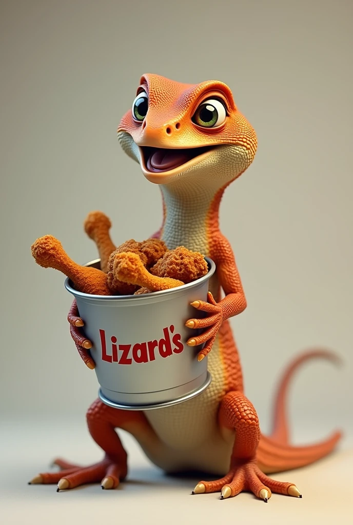 A realistic lizard smiling holding a bucket of fried chicken drumsticks with the name lizard's written on the bucket