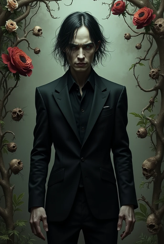 Create an image of a man dressed in a black suit with carrion and decaying