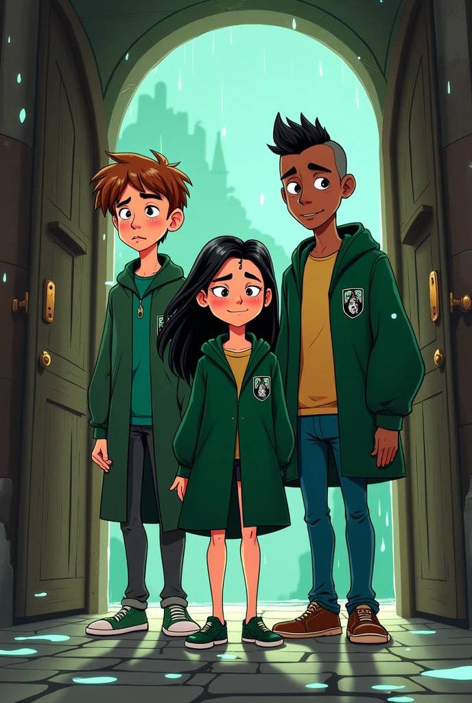 Create image where (set in hogwarts) The dining room door opened revealing the three wet Slytherins ,(One of them has the appearance of brown hair, white complexion and tall, Another is a black-haired girl with white skin and very pretty, The other has the appearance of a slightly dark complexion and high shaved hair) The two men have a tired and somewhat serious face from chasing the girl and the girl smiling and walking happily between the middle of them )(animated comic style )