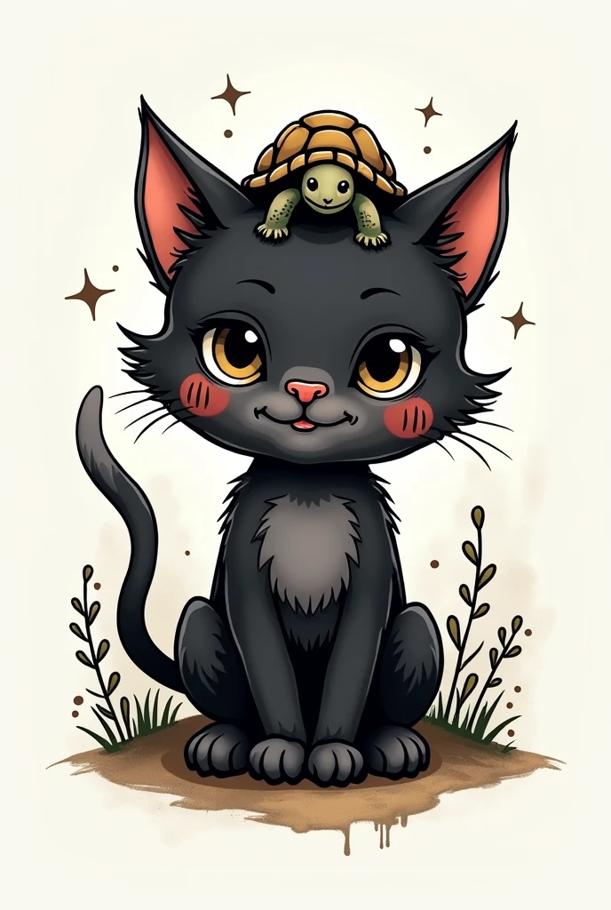 create a design to make a tattoo of a black kitten and a turtle on top of the cat's head, without being a realistic drawing.