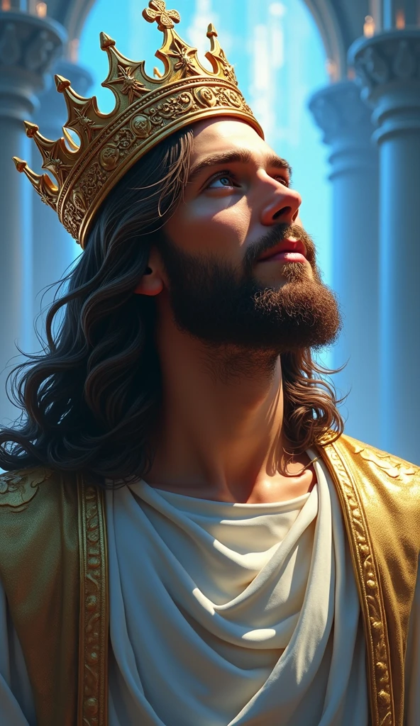 Jesus with a king's crown on his head, JesusChrist, the lord and savior, portrait of JesusChrist, Jesus of Nazareth, brilliant light masterpiece, jesus, greg olsen, king of kings, beautiful image already created, image background a kingdom of beautiful, blue and silver colors, sua mente contemplando a eternidade, glorious light,!! with a serene look and a slight smile!