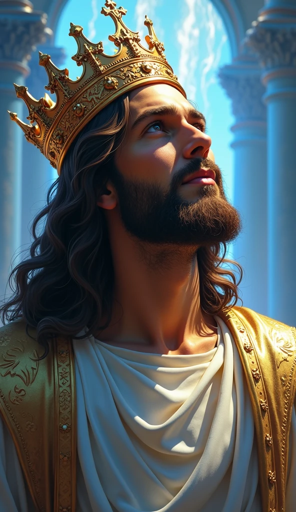 Jesus with a king's crown on his head, JesusChrist, the lord and savior, portrait of JesusChrist, Jesus of Nazareth, brilliant light masterpiece, jesus, greg olsen, king of kings, beautiful image already created, image background a kingdom of beautiful, blue and silver colors, sua mente contemplando a eternidade, glorious light,!! with a serene look and a slight smile!