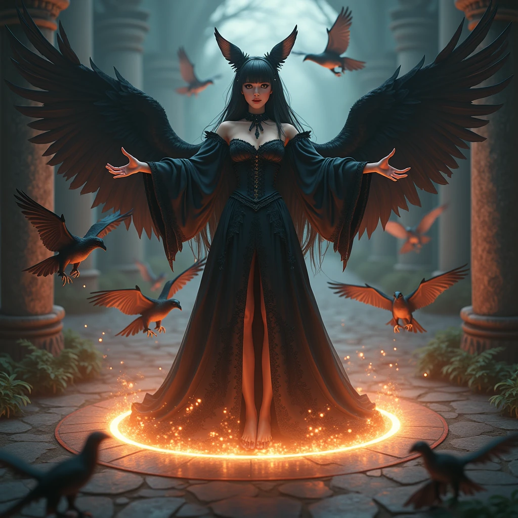 beautiful young witch in gothic lolita fashion, extremely large breasts, long black twin tails, beautiful eyes, mysterious smile, human form, summoning small and cute 4-legged raptor griffins from magic circle, several small griffins appear and fly around the girl