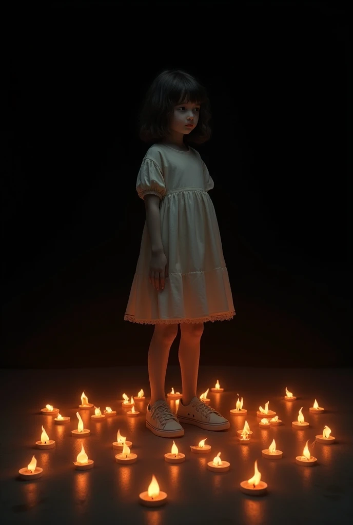 , (masterpiece:1.3), ((Highest_quality)), (Absurd), One Girl, Portraiture, Simple_background, black_background, The floor is covered with candle flames.,