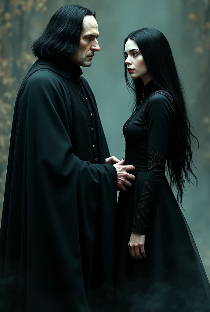 severus snape and an ethereally beautiful white adult woman, very beautiful straight black hair, standing together