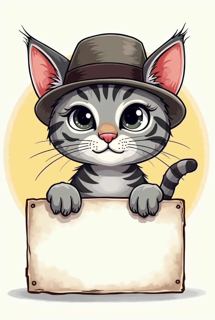 Cartoon head of a gray Bengal cat wearing a hat over a text box